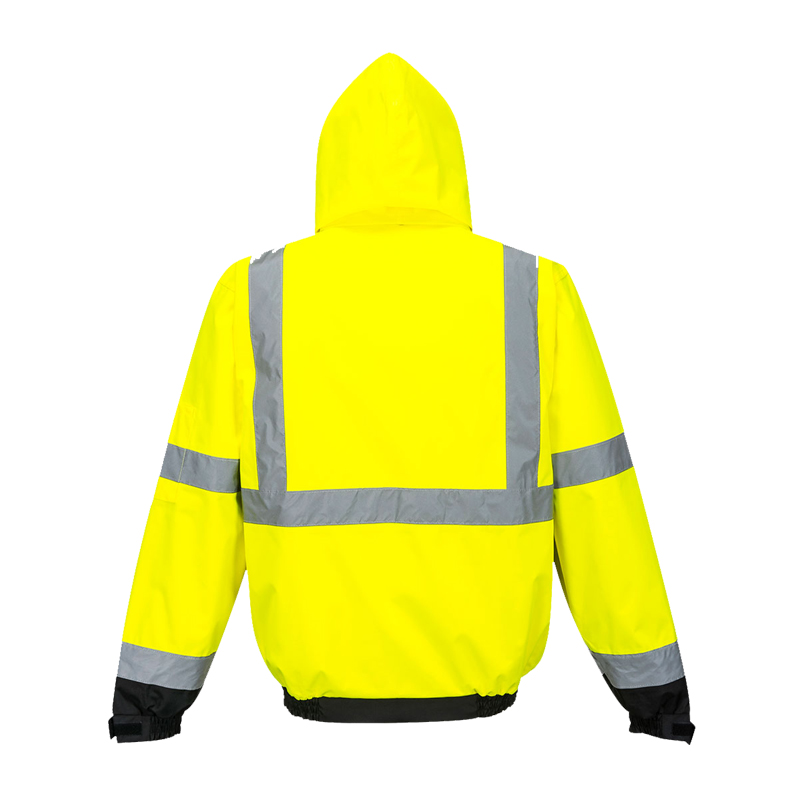 Rückenansicht der PortWest S365 Warnschutz Premium Pilot Jacke 3 in 1 Klasse 3 in Gelb, mit Kapuze und umlaufenden Reflexstreifen