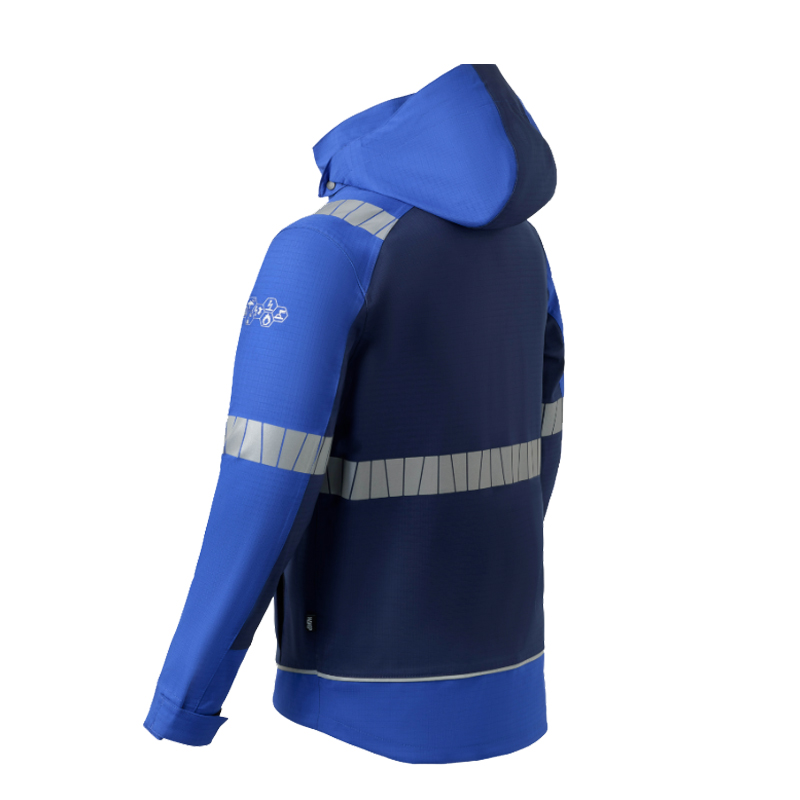 Rückansicht einer HaVeP Arbeitsjacke mit Kapuze in Blau und Dunkelblau, mit umlaufenden Reflexstreifen an Rücken und Ärmeln