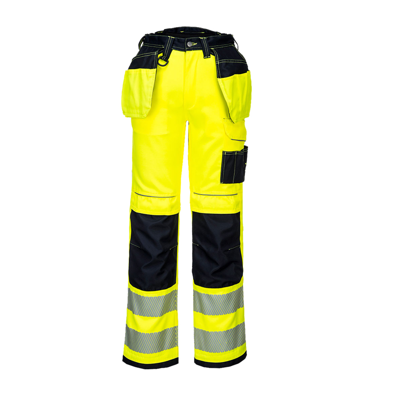 PortWest Warnschutzhose in Gelb-Schwarz mit Reflexstreifen, Holstertaschen und Arbeitstaschen für hohe Sichtbarkeit auf der Baustelle