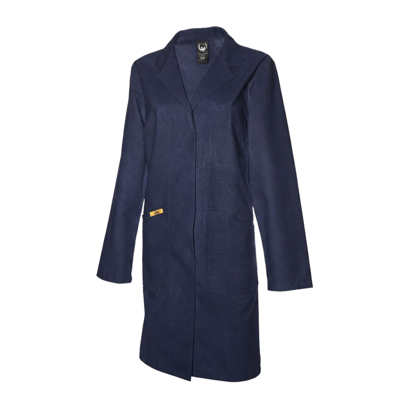 Navyfarbener Mimoza ESD Damen Mantel für EPA-Bereiche, antistatisch nach EN 61340, Ableitwiderstand 10⁵ bis 10⁷ Ohm