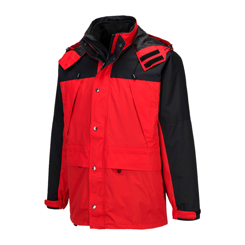 PortWest wetterfeste Outdoor-Arbeitsjacke in Rot-Schwarz mit Kapuze, hohem Kragen und Frontverschluss