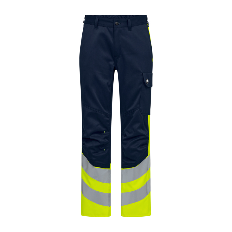 Engel Warnschutz-Arbeitshose in Navyblau mit neongelben Beinabschlüssen, Reflexstreifen und seitlicher Beintasche