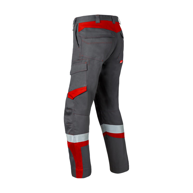Rückansicht der HaVeP 5Safety Image+ 80517 MultiNorm Damen Hose APC1 in Grau-Rot mit Reflexstreifen und Seitentasche