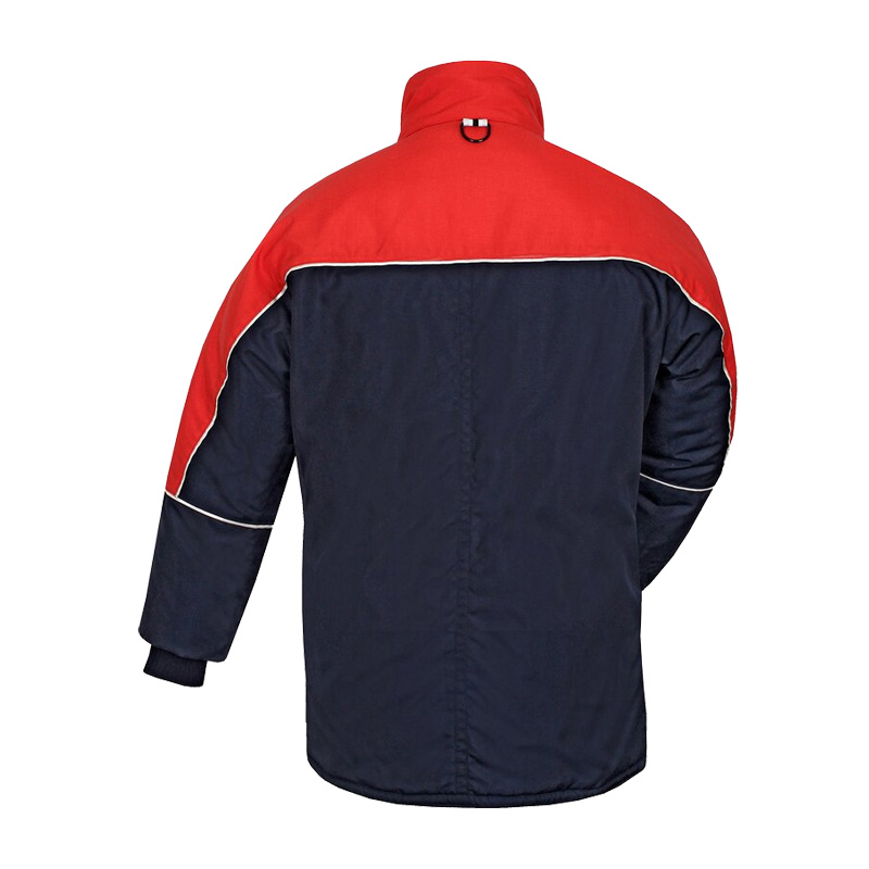 Rückansicht der TEMPEX COMFORT Staplerfahrer Gefrierhaus Jacke von HB Protective Wear in Rot und Navy, robuste Kälteschutzjacke für Tiefkühlbereiche bis -49 °C