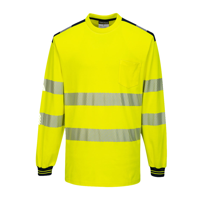 PortWest Warnschutz-Langarmshirt in leuchtendem Gelb mit umlaufenden Reflexstreifen, Brusttasche und dunklen Schulterdetails