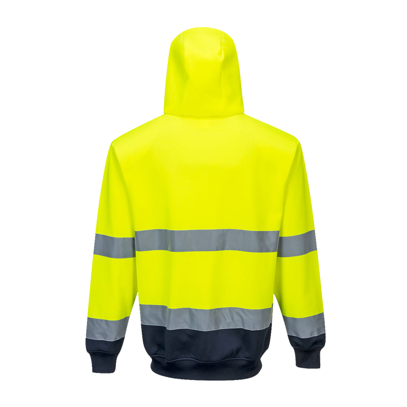 Rückansicht eines PortWest Warnschutz-Hoodies in leuchtendem Gelb mit Kapuze, Reflexstreifen an Rumpf und Ärmeln sowie dunkelblauem Saum