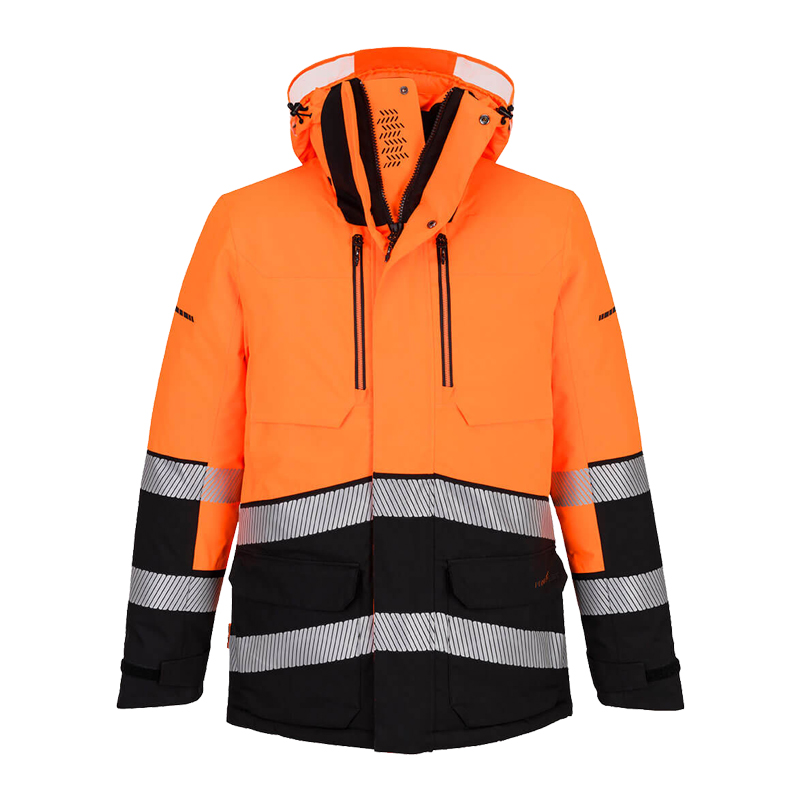 Frontansicht des PortWest EV401 Hi-Vis Expeditions Parka Klasse 3 in Orange-Schwarz mit Reflexstreifen und Kapuze, geeignet für extreme Kälte bis -52°C
