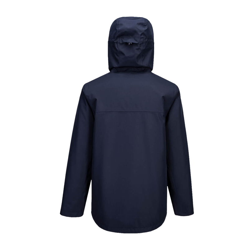 Rückansicht einer dunkelblauen PortWest Jacke mit Kapuze, funktionale Outdoor- und Arbeitsjacke