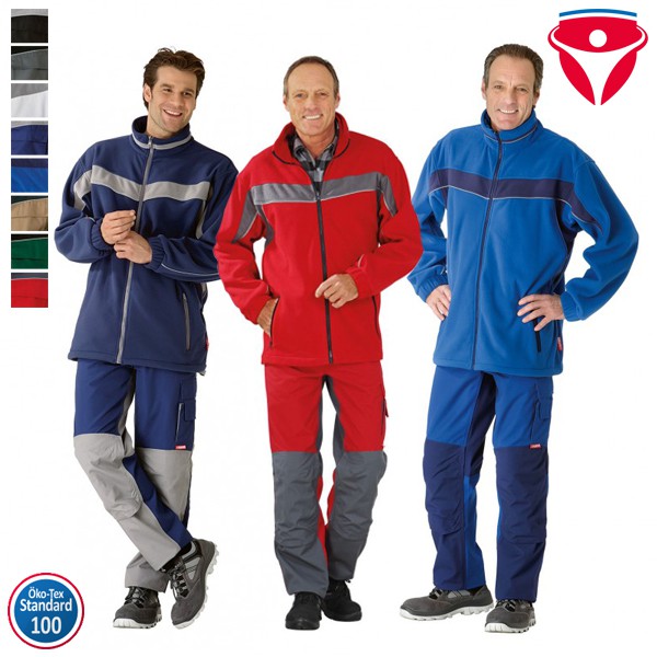 Drei Herren tragen Arbeitsjacken und Arbeitshosen im Set in Blau, Rot und Marine; robuste Workwear mit Farbübersicht und Öko-Tex Standard 100