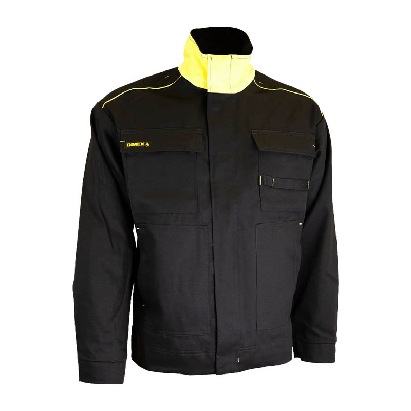 Schwarze DIMEX Arbeitsjacke mit gelbem Stehkragen, langen Ärmeln und mehreren praktischen Brusttaschen