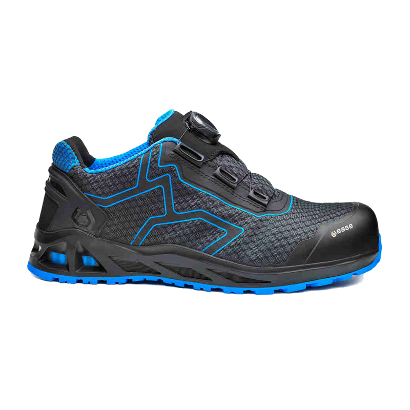 BASE K-Trek S1PS Sicherheitsschuh HRO B1005B von BASE, Seitenansicht in Schwarz-Blau mit BOA Schnellschnürung, Zehenschutzkappe und durchtrittsicherer Sohle