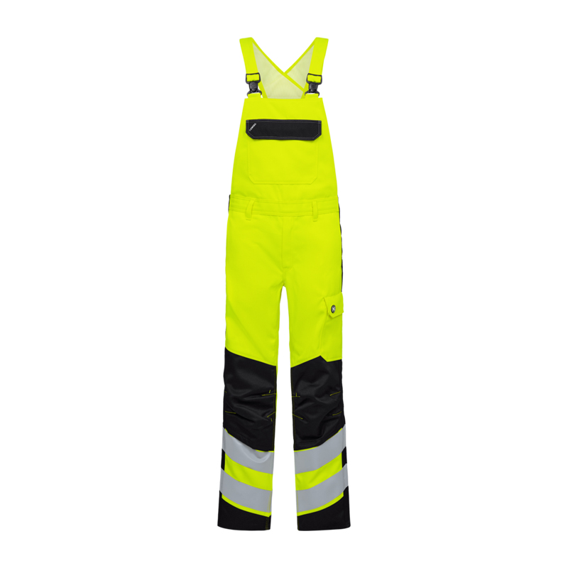 Engel Warnschutz-Latzhose in Neon-Gelb mit Reflexstreifen, Brusttasche und schwarzen verstärkten Kniepartien für hohe Sichtbarkeit bei der Arbeit