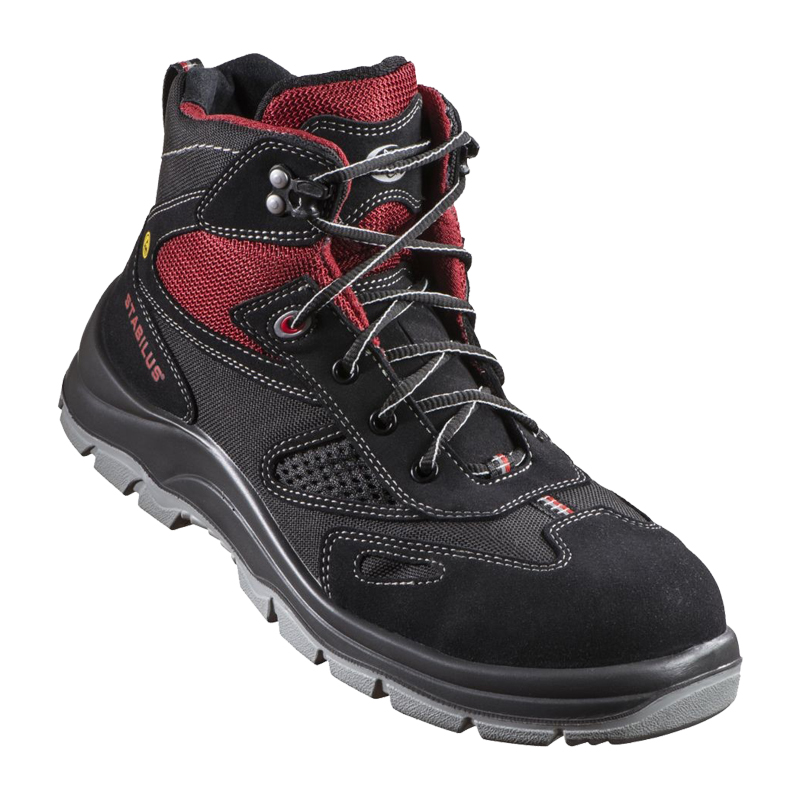 Stabilus Emil Mid ESD S1P Sicherheitsstiefel in Schwarz-Rot, metallfreier Arbeitsschuh mit knöchelhohem Schaft, flexibler SUPERFLEX-Sohle und sportlichem Design