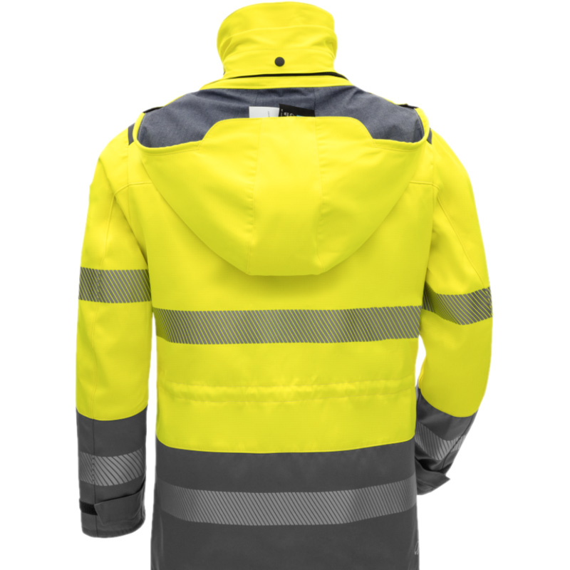 Rückansicht des HB Protective Wear HB MultiPro MultiNorm Warnschutz Parka 4 kA + 7 kA | APC2 mit Kapuze, gelb-grau und Reflexstreifen