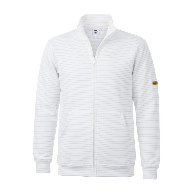 Weiße Mimoza ESD Zip Sweat-Jacke aus Baumwolle mit Reißverschluss und Stehkragen, ableitfähig 10⁵ bis 10⁸ Ohm nach EN 61340