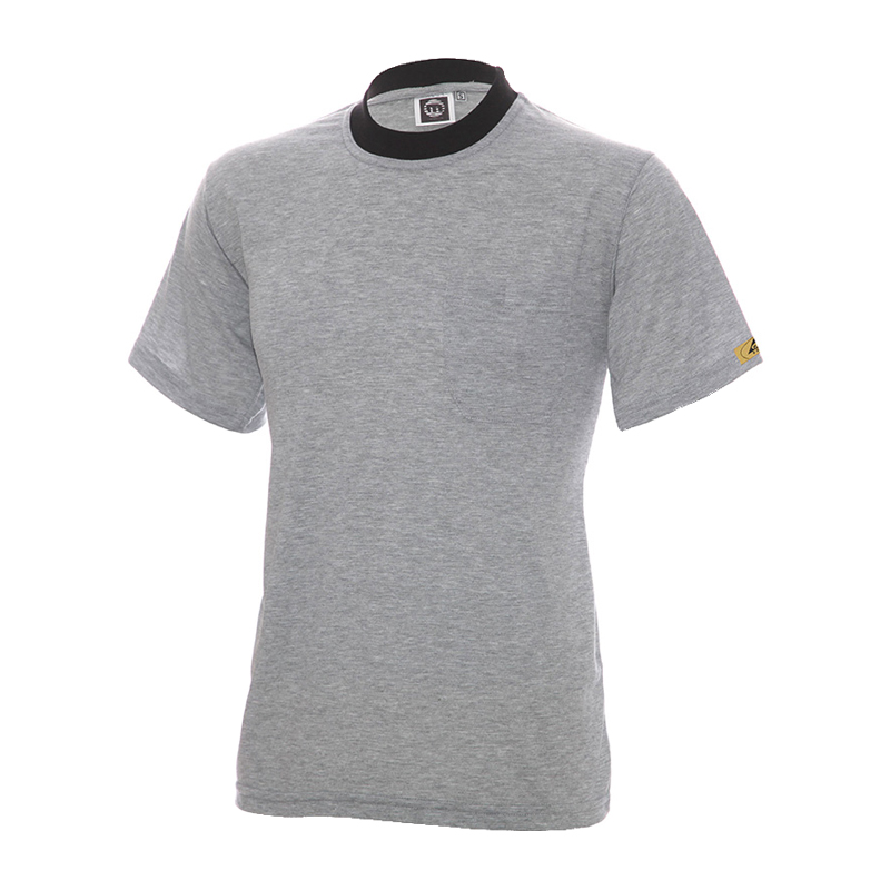 Graues Mimoza ESD T-Shirt mit schwarzem Rundhalskragen für Produktschutz in EPA-Bereichen 10⁵ bis 10⁸, nach EN 61340