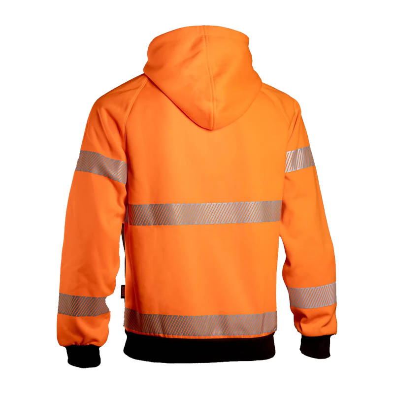 Rückenansicht des Dimex 4470Y+ Warnschutz Hi-Vis Hoodie Klasse 2 in Orange mit Kapuze und reflektierenden Streifen für hohe Sichtbarkeit