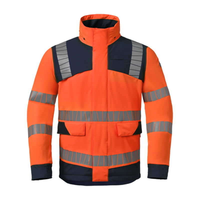 HaVeP Warnschutzjacke in leuchtendem Orange mit umlaufenden Reflexstreifen, hohem Kragen und dunkelblauen Kontrasteinsätzen für hohe Sichtbarkeit bei der Arbeit