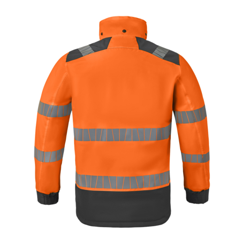Rückansicht einer orangefarbenen HaVeP Warnschutzjacke mit grauen Reflexstreifen, hohem Kragen und dunklem Saum für hohe Sichtbarkeit bei der Arbeit