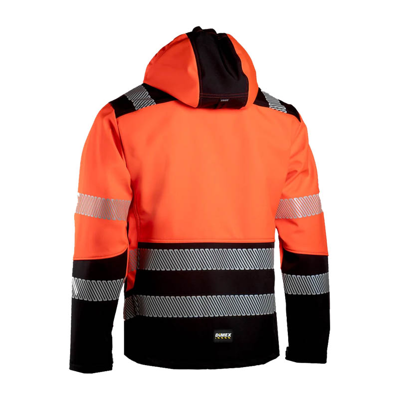 Rückansicht der Dimex 6099E Warnschutz SoftShell Jacke mit Kapuze Klasse 2 in Orange-Schwarz mit reflektierenden Streifen