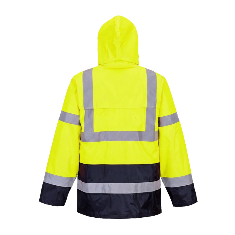 Rückansicht der PortWest H443 leichten Warnschutz-Regenjacke Klasse 3 in Gelb/Marine mit Kapuze und Reflexstreifen
