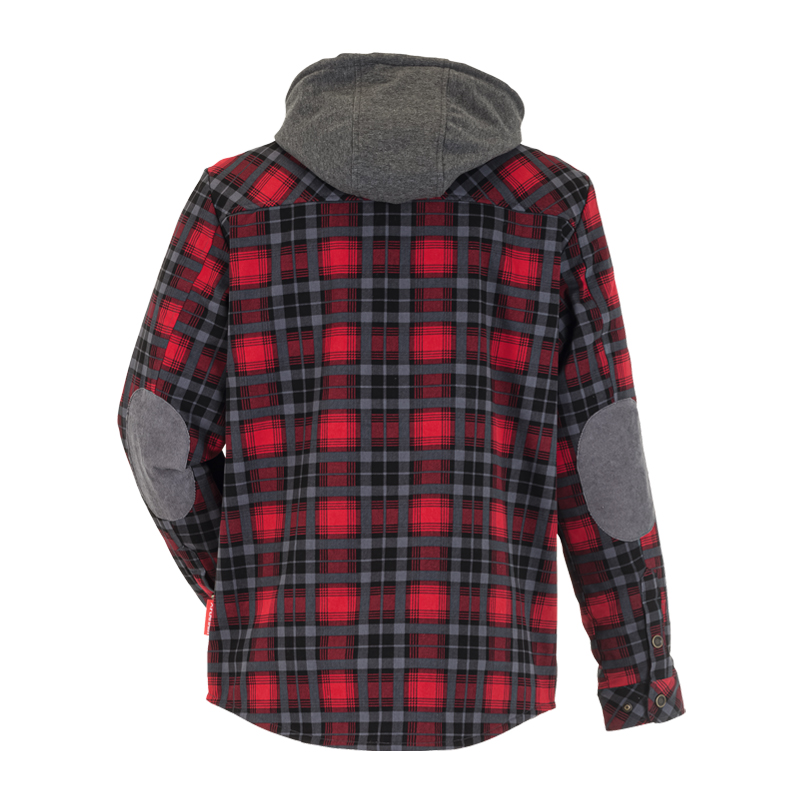 Rückenansicht des Planam Outdoor Thermohemds mit Teddyfutter in Rot-Schwarz kariert, mit grauer Kapuze und Ellbogenpatches