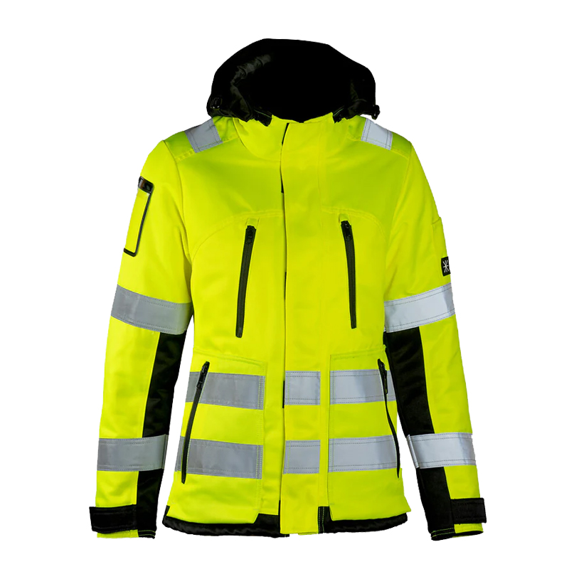 Dimex 6177Y Damen Winter Warnschutz Jacke Klasse 2, gelbe Hi-Vis Winterjacke mit Reflexstreifen, schwarzen Details und Kapuze