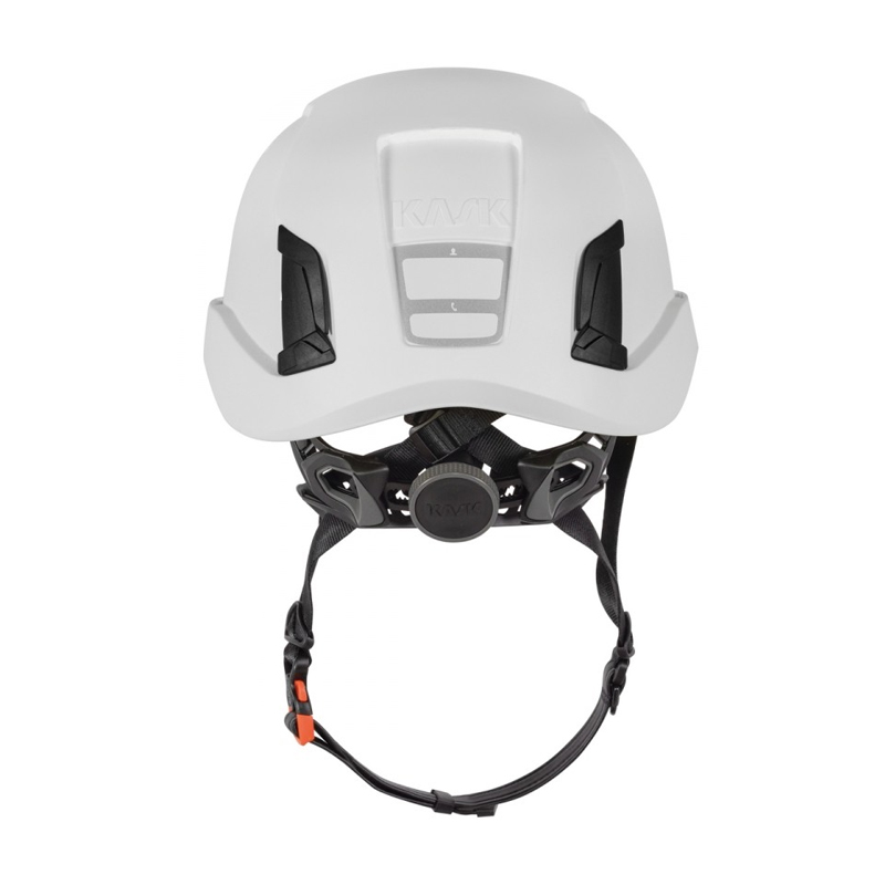 Rückansicht des Kask Zenith X MAX Industriehelms in Weiß für große Köpfe von 60 bis 66 cm mit verstellbarem Anpassungssystem und Kinnriemen