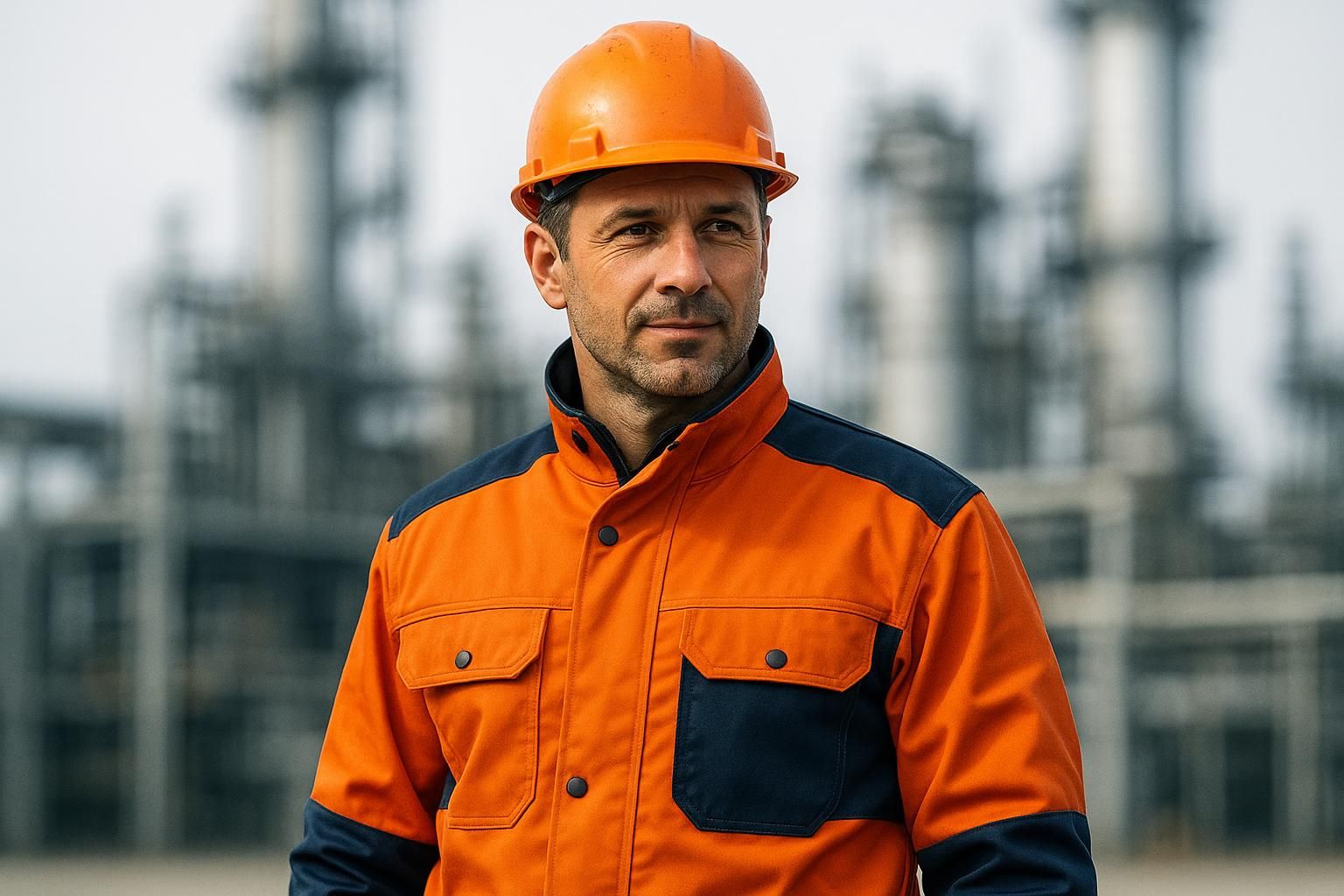 Mann mit orangefarbener Arbeitsjacke und Schutzhelm trägt robuste Warnschutz-Arbeitskleidung vor industrieller Anlage