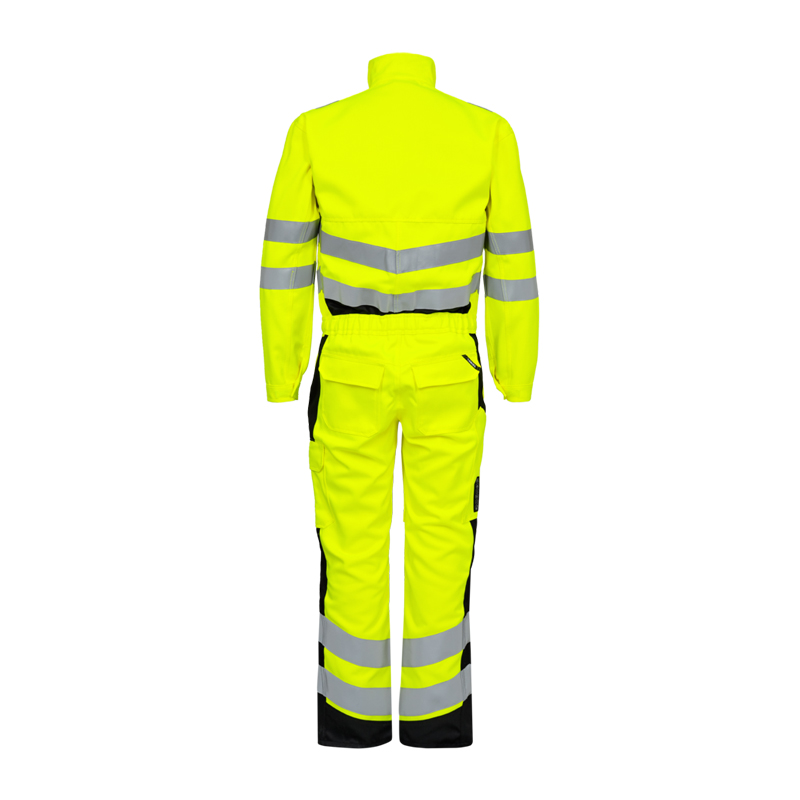Rückansicht eines Engel Warnschutz-Overalls in Neongelb mit silbernen Reflexstreifen an Armen, Rücken und Beinen