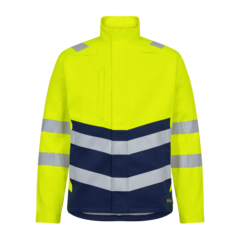Engel Warnschutzjacke in Neon Gelb und Marineblau, Arbeitsjacke mit hohem Kragen und breiten Reflexstreifen für hohe Sichtbarkeit