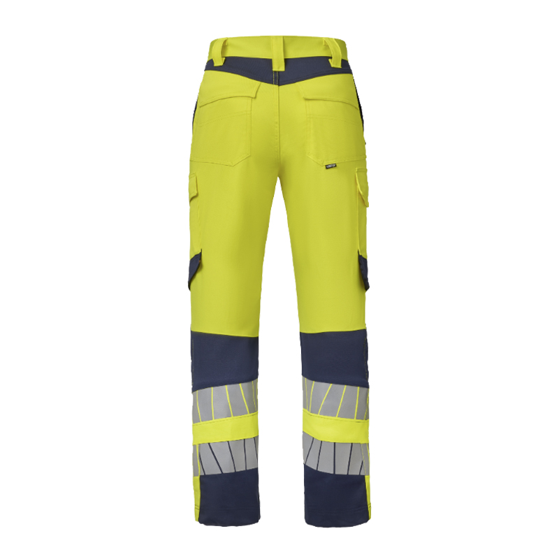 Rückansicht einer HaVeP Warnschutzhose in Neon-Gelb mit Reflexstreifen, Gesäß- und Seitentaschen sowie dunklen Kontrasteinsätzen an Bund, Knien und Beinabschlüssen.