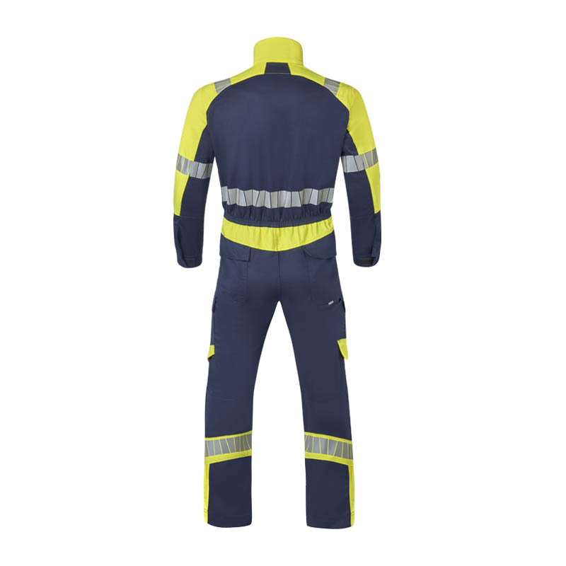 Rückansicht eines HaVeP Warnschutz-Overalls in Marineblau und Gelb mit umlaufenden Reflexstreifen an Armen, Taille und Beinen