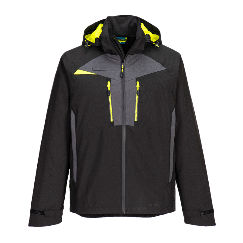 PortWest Arbeitsjacke mit Kapuze, schwarz-grau mit gelben Reißverschlüssen und Kontrastdetails, Frontansicht
