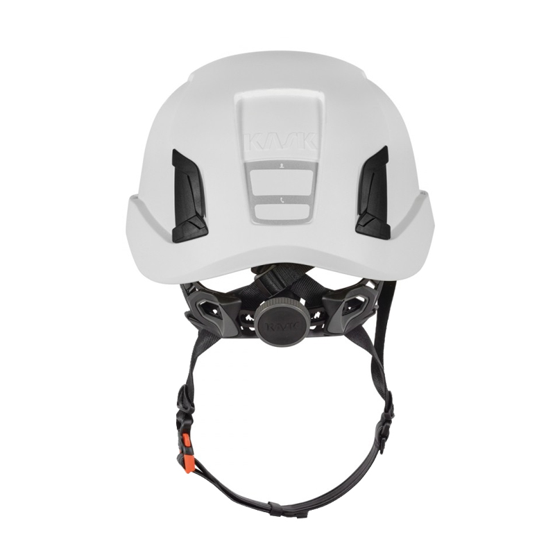 Rückansicht eines weißen KASK Schutzhelms mit schwarzem Verstellsystem, Belüftungselementen und Kinnriemen