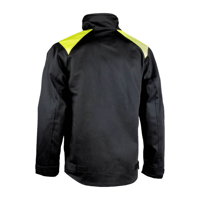 Rückansicht der Dimex 6413 MultiNorm Jacke mit Schweißerschutz Klasse 2 in Schwarz mit gelben Schulterpartien, flammhemmende Arbeitsjacke für multigefährliche Umgebungen
