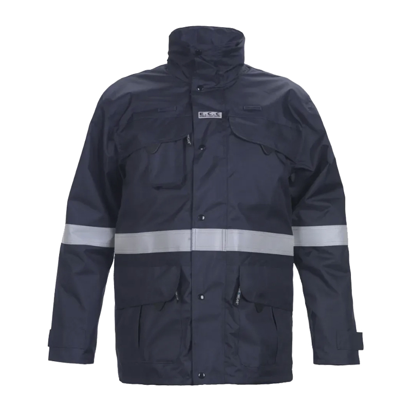 HydroWear Arbeitsjacke in Dunkelblau mit durchgehendem Reißverschluss, hohem Kragen, mehreren Taschen und reflektierenden Streifen für bessere Sichtbarkeit
