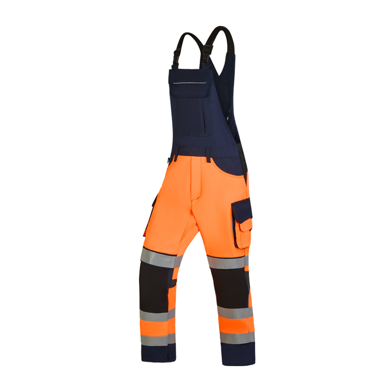 Rofa Warnschutz-Latzhose in Orange und Marineblau mit Reflexstreifen, Knieverstärkungen und praktischen Taschen