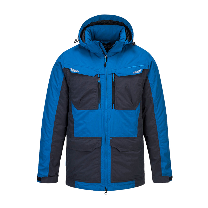 PortWest Arbeitsjacke mit Kapuze, Reißverschluss und mehreren Taschen in Blau und Dunkelgrau, Frontansicht