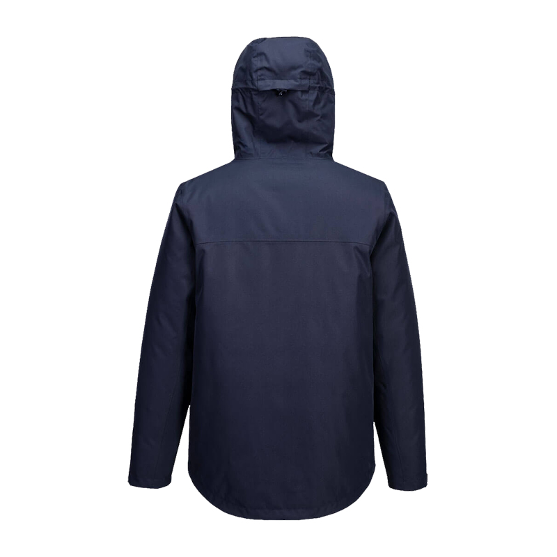 Rückansicht einer navyblauen PortWest Jacke mit Kapuze, langärmelig und funktional für Arbeit und Outdoor