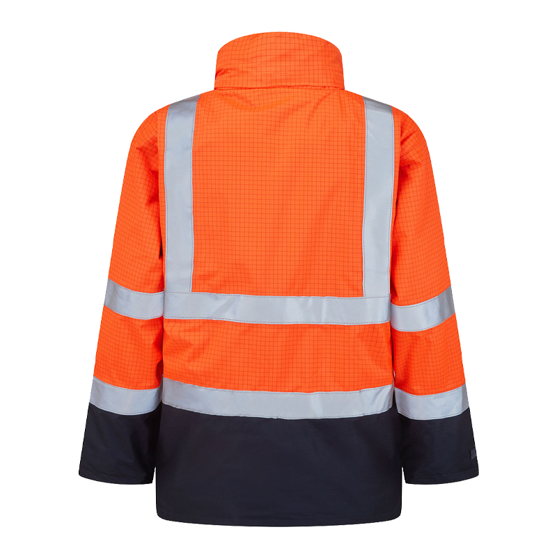 Rückansicht einer PortWest Warnschutzjacke in Orange und Navy mit umlaufenden silbernen Reflexstreifen und hohem Kragen