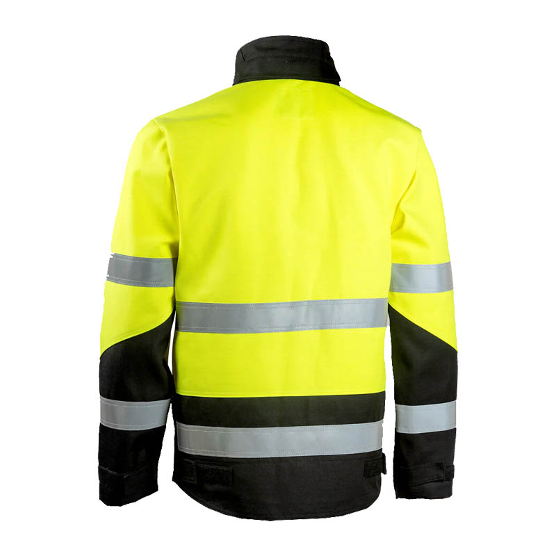 Rückansicht der Dimex 6431 MultiNorm Warnschutz Jacke Klasse 2 in Gelb-Schwarz mit umlaufenden Reflexstreifen für hohe Sichtbarkeit und multifunktionalen Schutz.