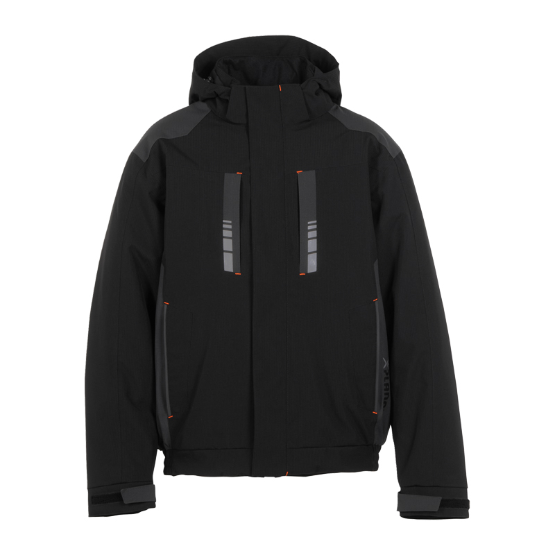 Planam Moto Winterjacke wasserdichter Wetterschutz, schwarze Arbeits- und Winterjacke mit Kapuze, Frontansicht