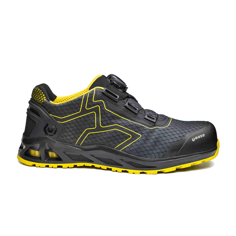 Seitenansicht des BASE K-Rush S1PS Sicherheitsschuhs HRO B1005C mit BOA Schnellschnürung, atmungsaktivem Obermaterial und schwarzer Sohle in Schwarz-Gelb
