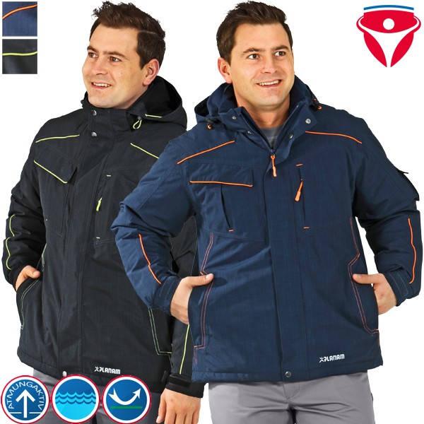 Zwei Herren tragen eine gefütterte Funktionsjacke mit Kapuze in Dunkelblau und Schwarz mit Kontrastdetails, wasserabweisend und atmungsaktiv