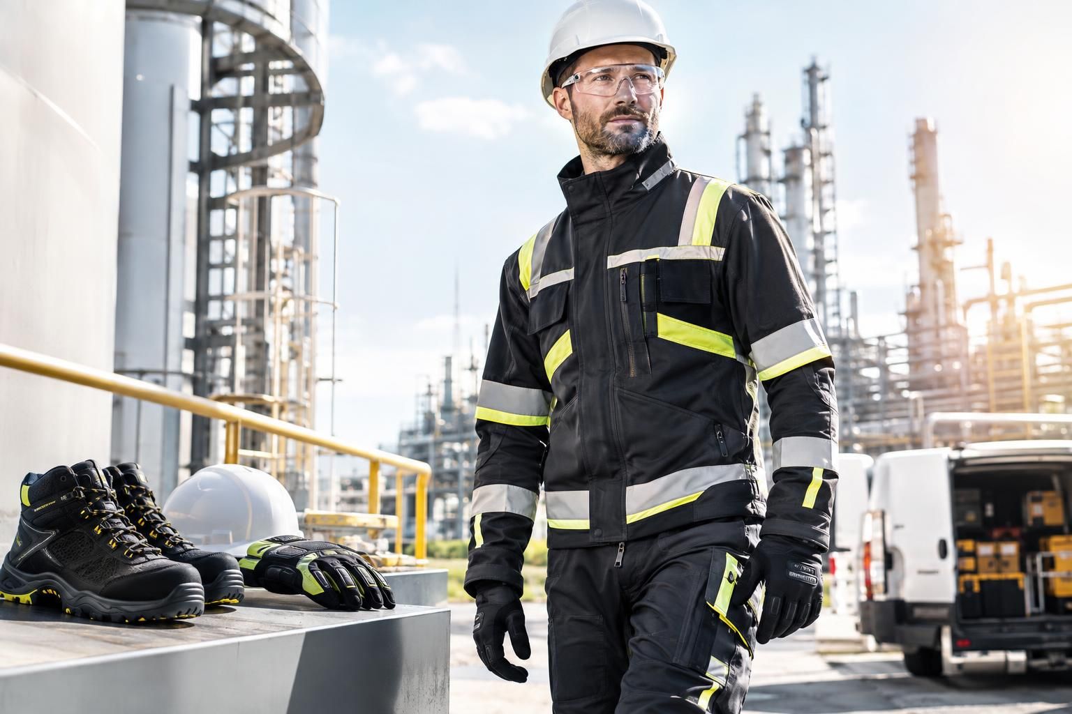 Mann in schwarzer Warnschutz-Arbeitskleidung mit Helm, Handschuhen und Sicherheitsschuhen vor Industrieanlage