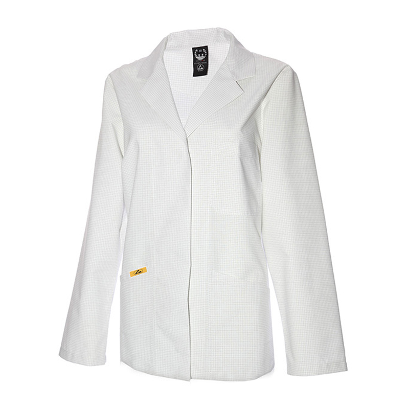 Weiße Mimoza ESD Damen Jacke für Produktschutz in EPA-Bereichen 10⁵ bis 10⁸ nach EN 61340, langärmlige Schutzjacke mit Reverskragen