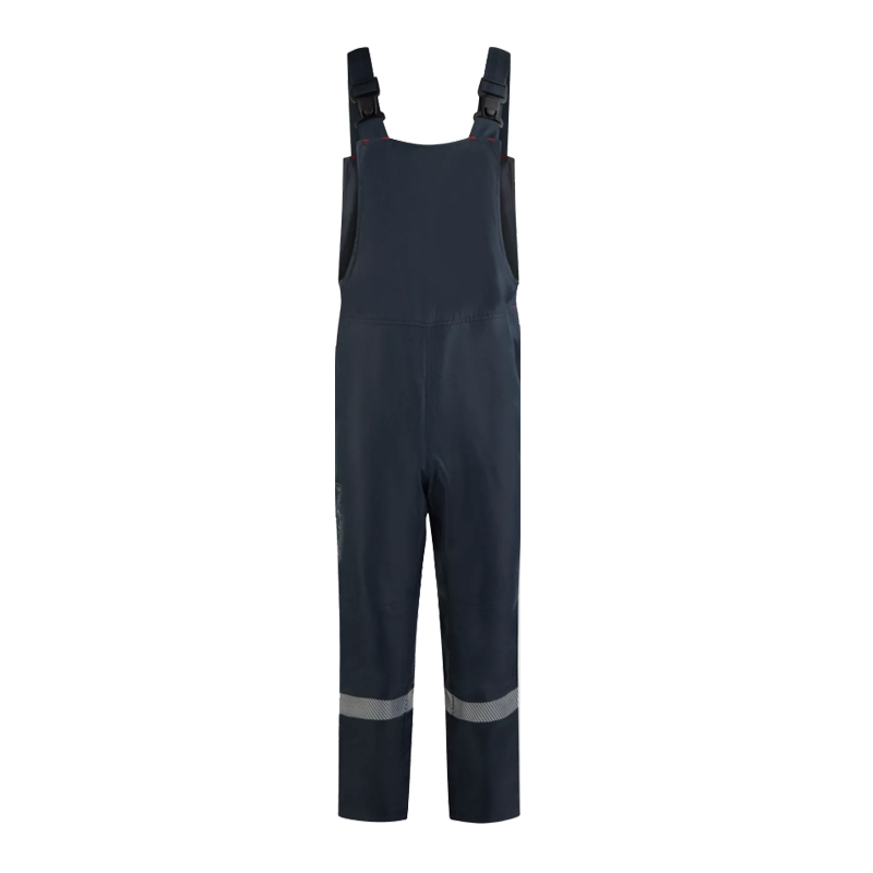 Dunkelblaue Dehn Latzhose mit verstellbaren Trägern und Reflexstreifen an den Beinen, robuste Arbeits- und Schutzkleidung für den professionellen Einsatz