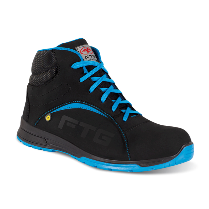 FTG Baseball S3S ESD Sicherheitsstiefel aus schwarzem Sicherheitsnubukleder, hoher Arbeitsschuh der Sport Line mit blauen Schnürsenkeln und Sohle