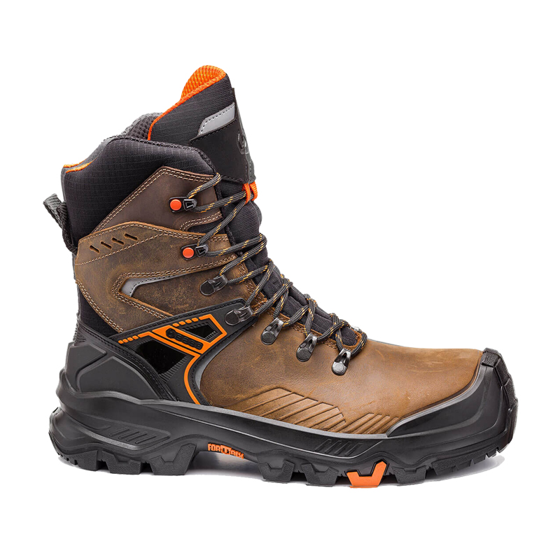 BASE T-Wall Top S3S Sicherheitsstiefel B1610B von BASE, braun-schwarzer Arbeitsstiefel mit hohem Schaft, Schnürung, Zehenschutz und rutschfester Profilsohle